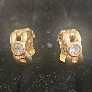 Vintage Christian Dior Chain Knot Rope Rhinestone Huggie Hoop Gold Clip Earrings